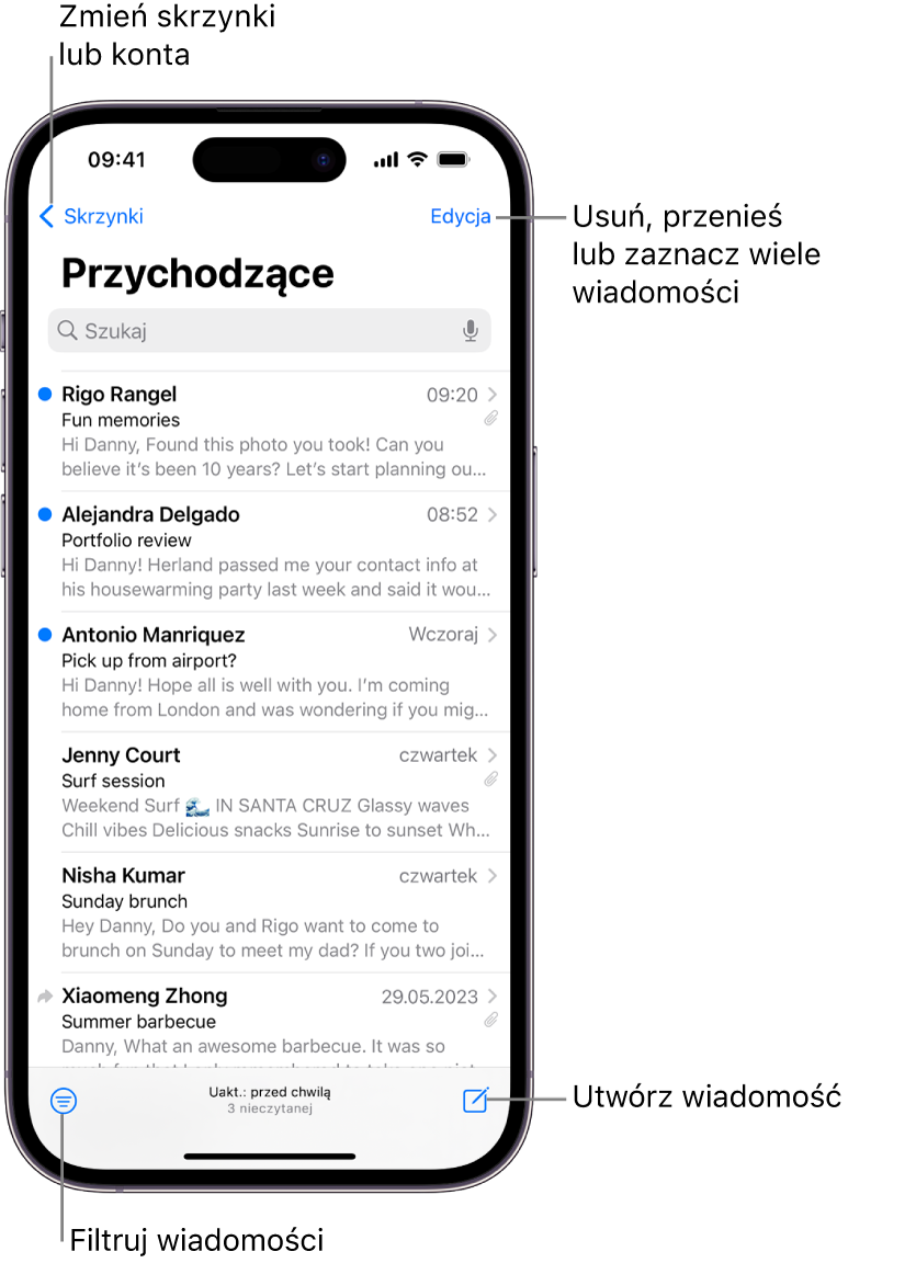 Skrzynka Przychodzące w aplikacji Poczta, wyświetlająca listę wiadomości email.