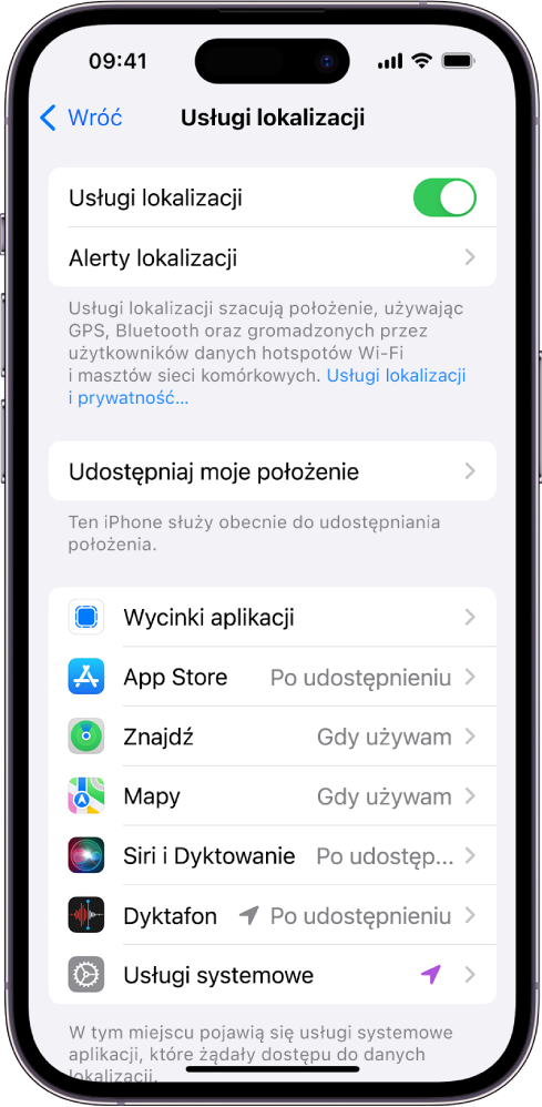 Ekran usług lokalizacji z ustawieniami dotyczącymi udostępniania położenia iPhone’a oraz osobnymi ustawieniami dla poszczególnych aplikacji.
