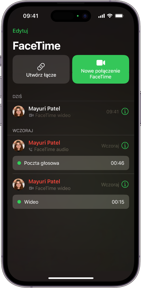 Ekran rozpoczynania połączenia FaceTime. Widoczny jest przycisk Utwórz łącze oraz przycisk Nowe połączenie FaceTime, umożliwiający rozpoczęcie połączenia FaceTime.