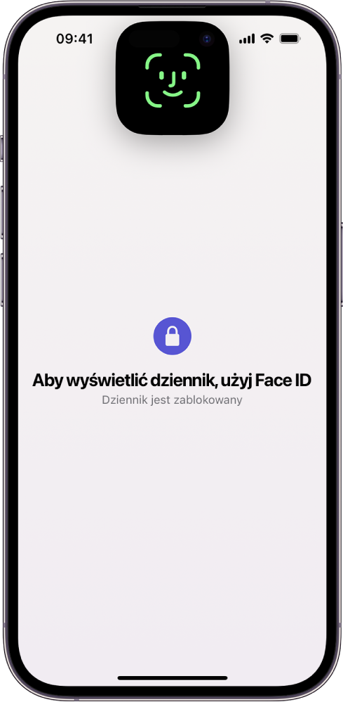 Ekran z informacją, aby użyć Face ID w celu odblokowania dziennika.