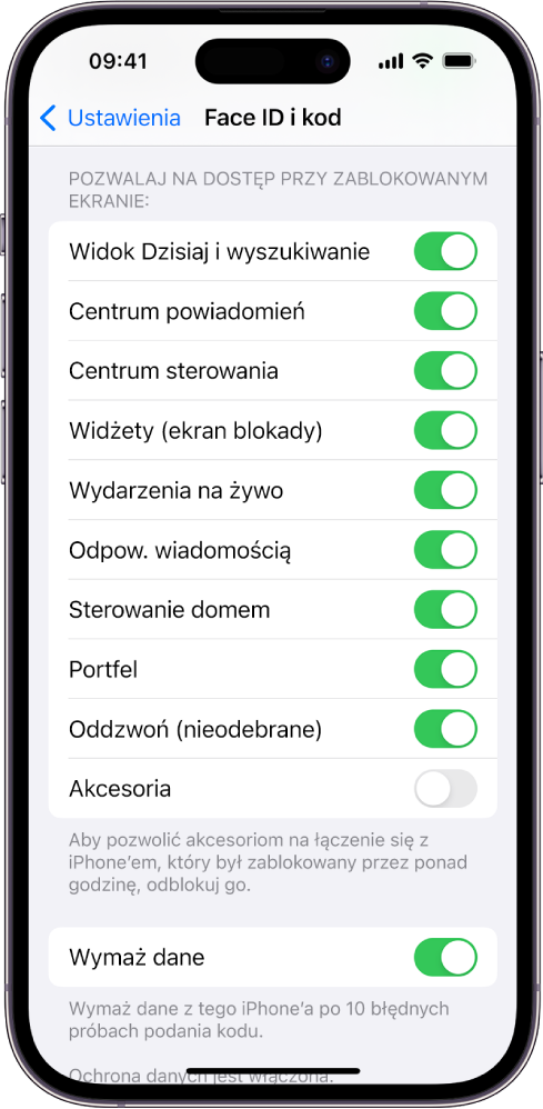 Ekran Face ID i kod, zawierający ustawienia pozwalania na dostęp do określonych funkcji, gdy iPhone jest zablokowany.