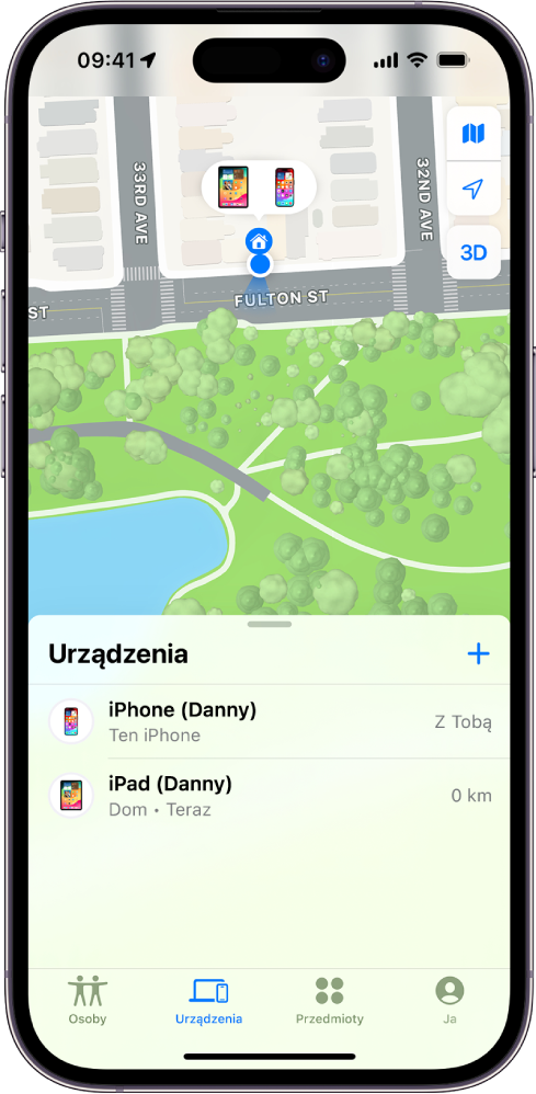 Ekran aplikacji Znajdź wyświetlający dwa urządzenia znajdujące się w domu.