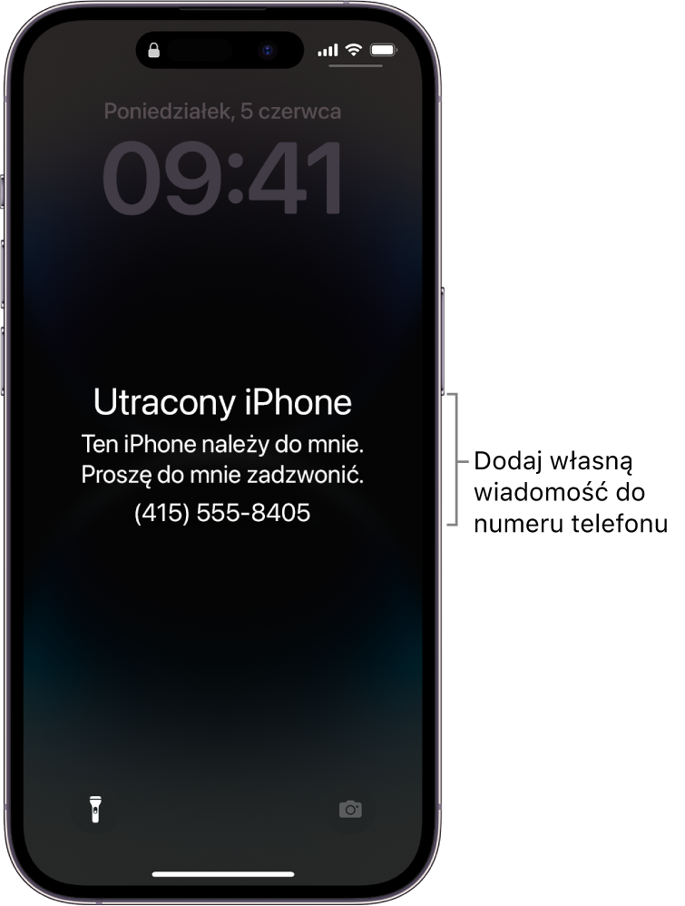 Ekran blokady iPhone’a, wyświetlający komunikat o utraceniu iPhone’a. Do numeru telefonu możesz dodać własną wiadomość.