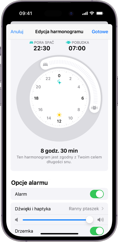 Ekran edycji harmonogramu w aplikacji Zdrowie. U góry ekranu widoczny jest zegar Pora spać i pobudka. Na dole ekranu widoczne są opcje alarmu.