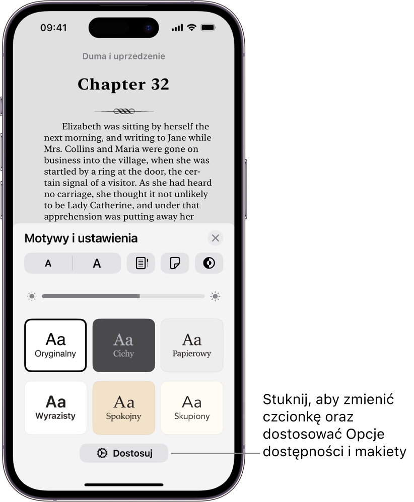 Strona książki w aplikacji Książki. Opcje Motywy i ustawienia, zawierające narzędzia pozwalające zmieniać wielkość czcionki, przewijanie widoku, styl odwracania strony, jasność oraz style czcionki.