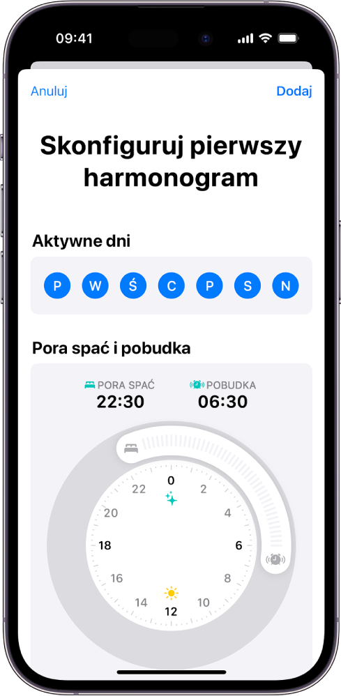 Ekran Skonfiguruj pierwszy harmonogram w aplikacji Zdrowie. Widoczna jest sekcja Aktywne dni oraz zegar Pora spać i Budzik.