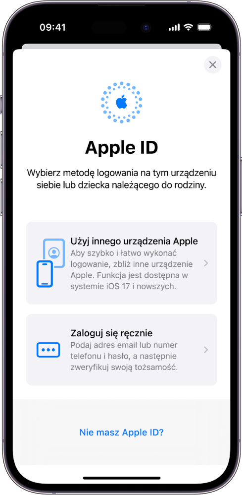 Ekran logowania przy użyciu Apple ID, wyświetlający opcje logowania się przy użyciu innego urządzenia Apple, logowania się ręcznie lub braku Apple ID.