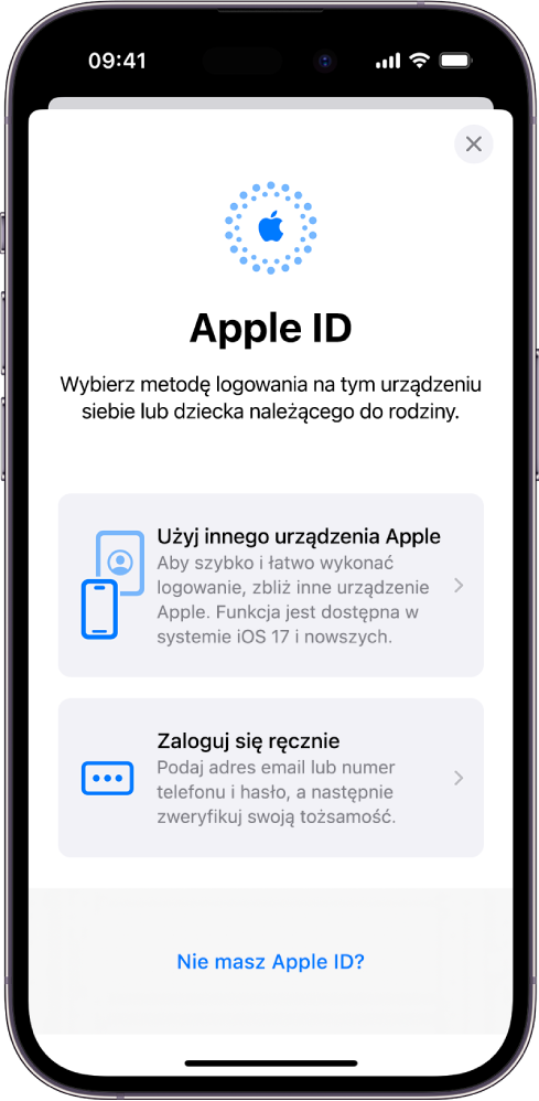 Ekran logowania przy użyciu Apple ID, wyświetlający opcje logowania się przy użyciu innego urządzenia Apple, logowania się ręcznie lub braku Apple ID.