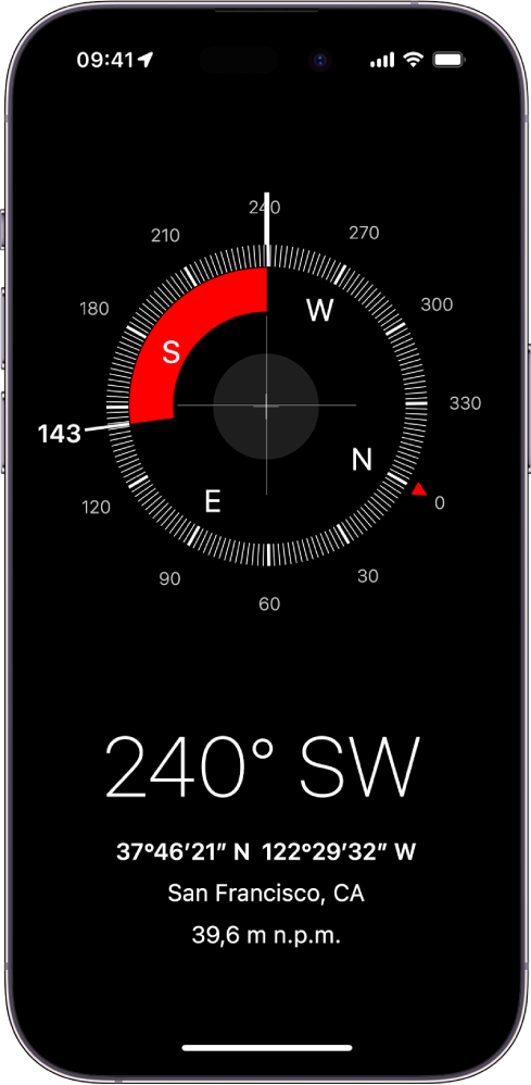 Aplikacja Kompas pokazująca kierunek, w którym iPhone jest skierowany, bieżące położenie i wysokość nad poziomem morza.