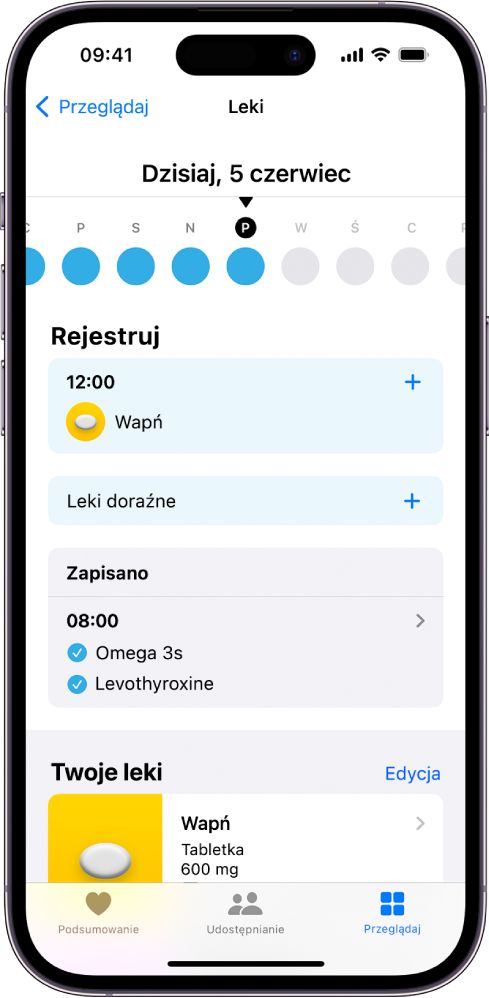 Ekran Leki w aplikacji Zdrowie, zawierający datę oraz dziennik przyjmowania leków.