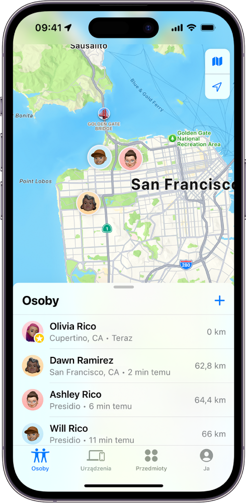 Ekran aplikacji Znajdź wyświetlający listę osób oraz ich położenie na mapie.