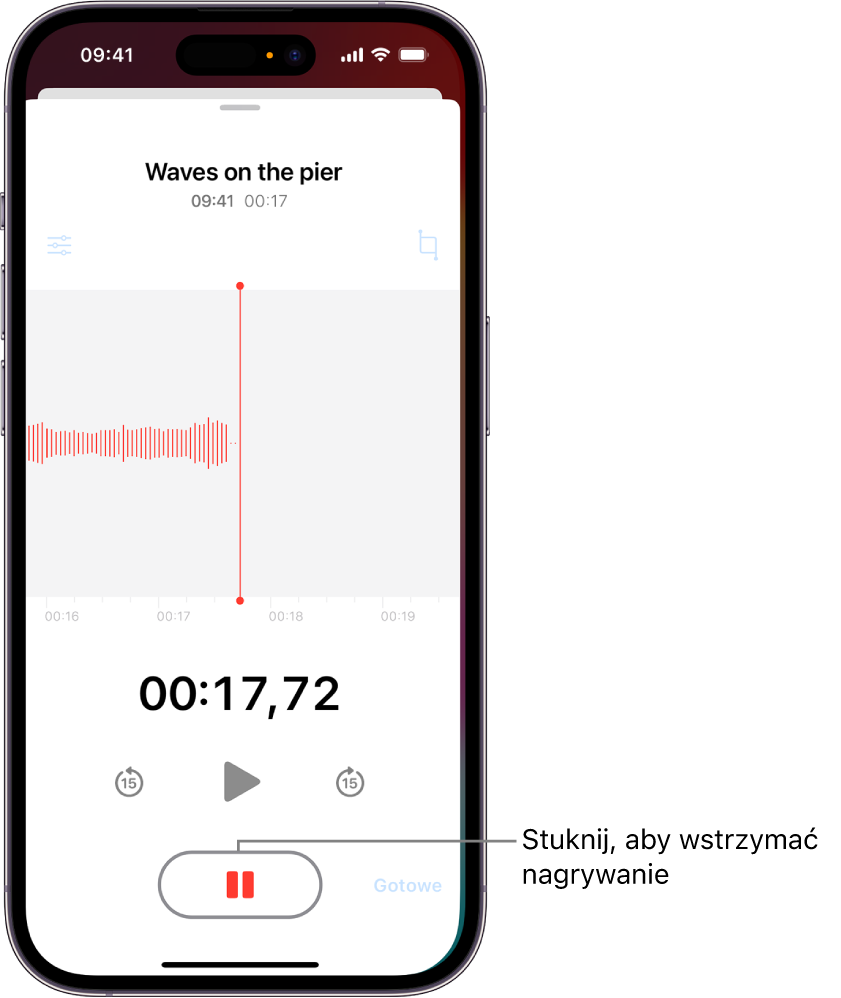 Nagrywanie notatki głosowej w aplikacji Dyktafon. Widoczny jest wykres fali dźwiękowej trwającego nagrania, wskaźnik czasu oraz przycisk umożliwiający wstrzymanie nagrywania.