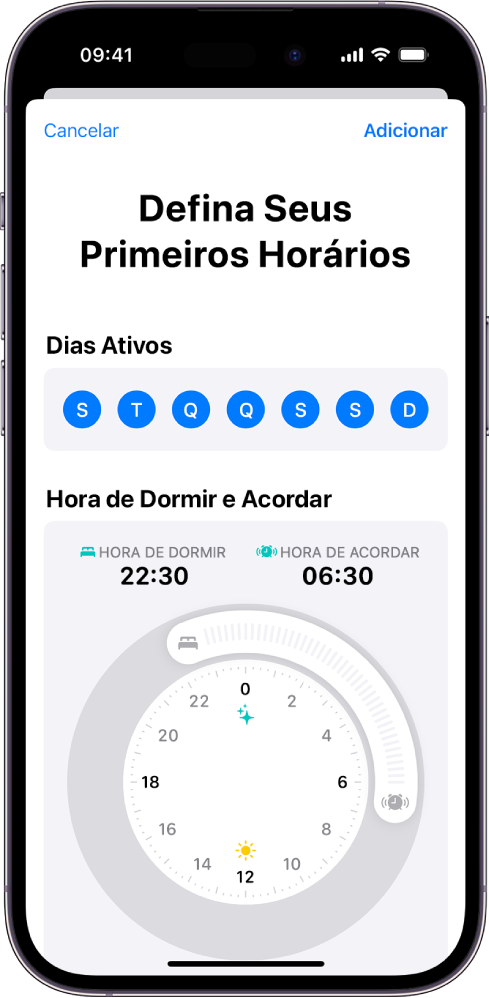 A tela Defina Seus Primeiros Horários no app Saúde, com uma seção Dias Ativos e um relógio de Hora de Dormir e Despertador.