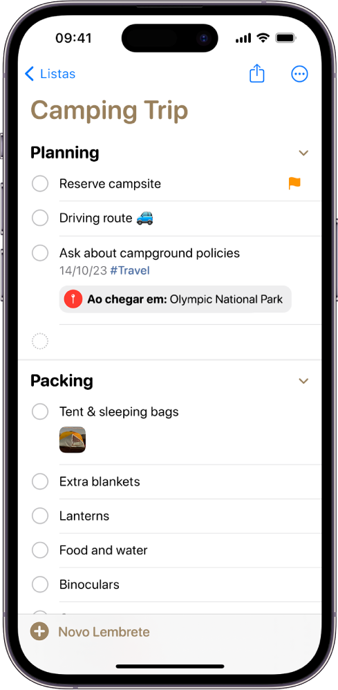 Uma checklist para uma viagem de acampamento no app Lembretes. Alguns itens têm etiquetas, localizações, sinalizações e fotos. O botão Novo Lembrete está na parte inferior esquerda.