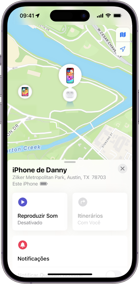 Tela do app Buscar, mostrando a localização de um iPhone em um mapa, na parte superior da tela.