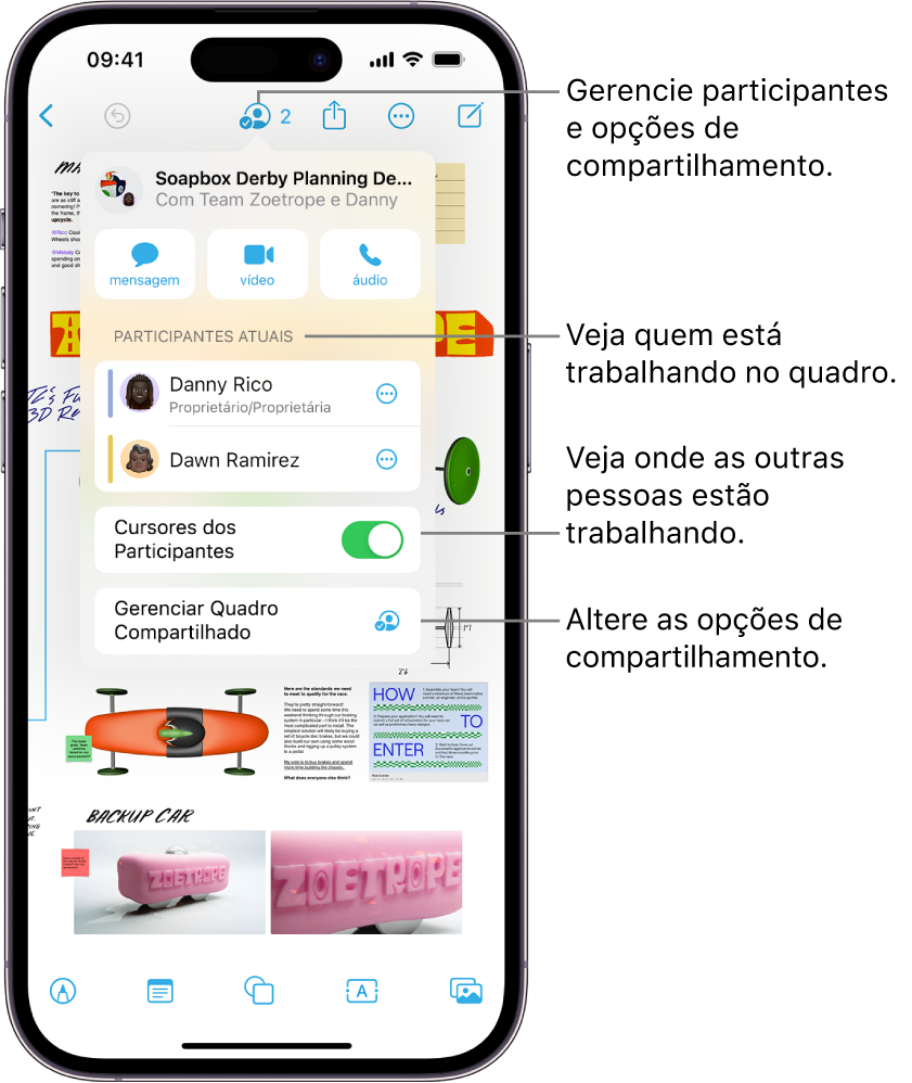 Um quadro compartilhado do Freeform no iPhone com o menu de colaboração aberto.