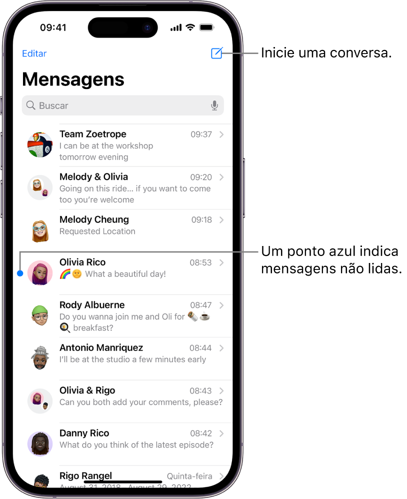 Lista de conversas no app Mensagens, com o botão Redigir na parte superior direita. Um ponto azul à esquerda de uma mensagem significa que ela não foi lida.