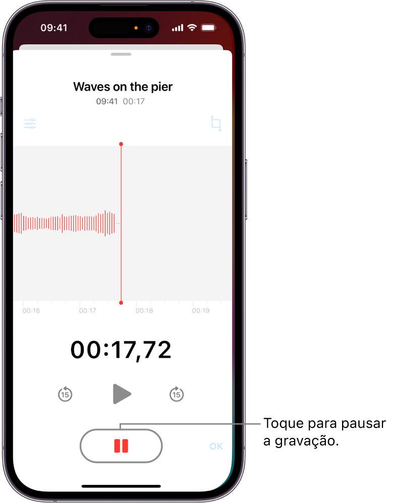 Gravação no app Gravador, mostrando a forma de onda da gravação que está em andamento, além de um indicador de tempo e um botão para pausar a gravação.