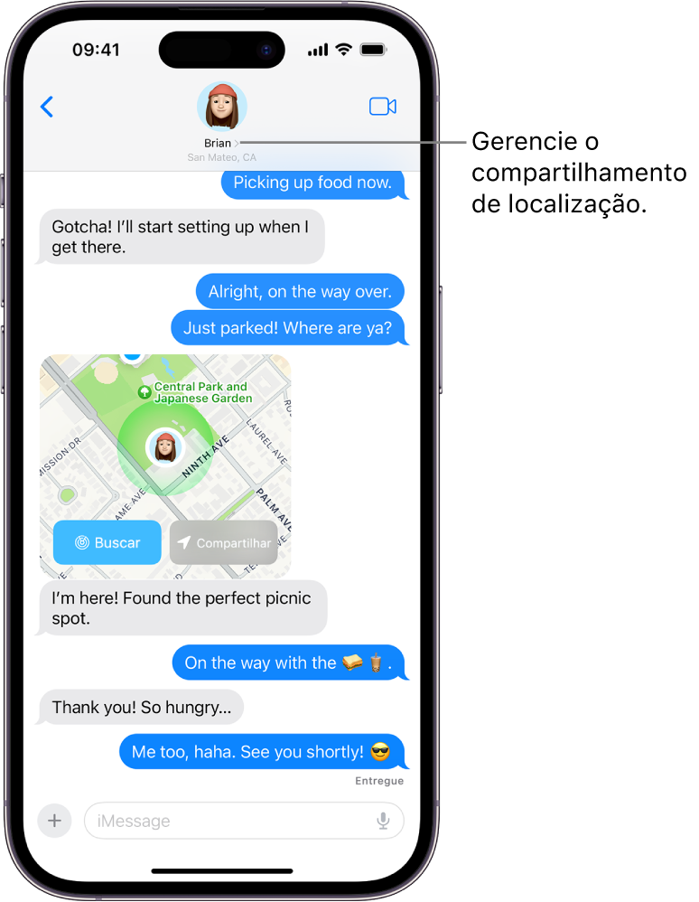 Conversa do app Mensagens com uma localização compartilhada.