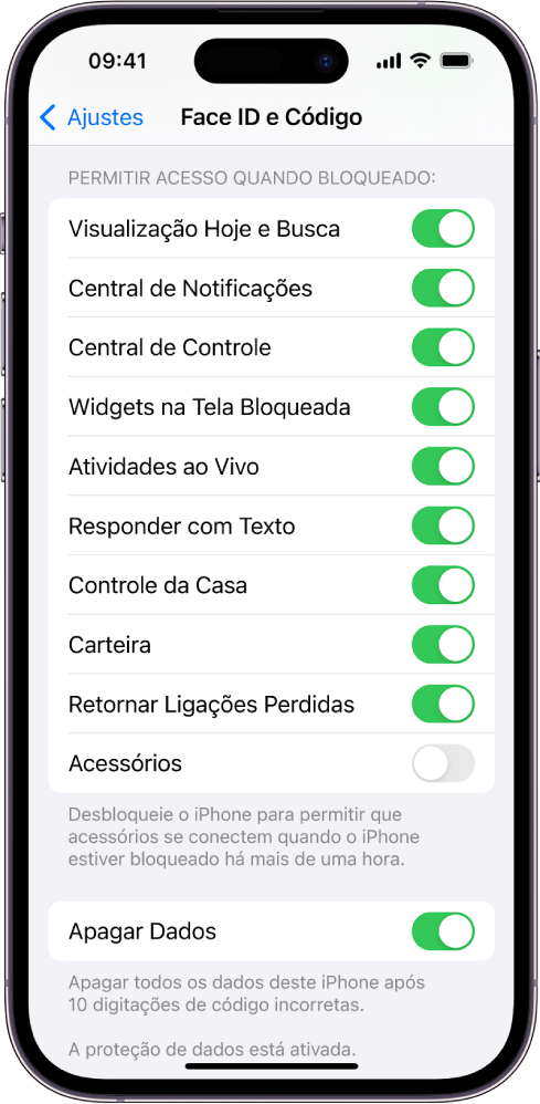 A tela Face ID e Código, com ajustes para permitir acesso a recursos específicos quando o iPhone está bloqueado.