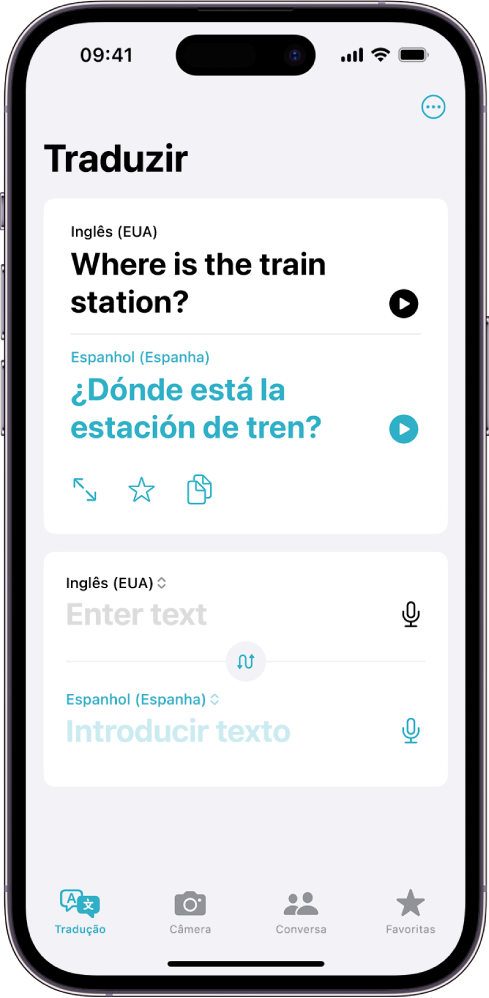 Aba Tradução, mostrando uma frase traduzida de Português para Espanhol. Abaixo da frase traduzida, o campo de inserção de texto.