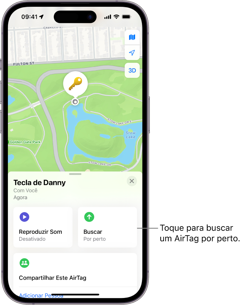 O app Buscar aberto, mostrando as chaves de Dani no Parque Golden Gate. Toque no botão Buscar para localizar um AirTag por perto.