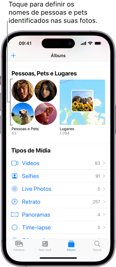 Tela de Álbuns no app Fotos. Pessoas e Pets está na parte superior da tela.
