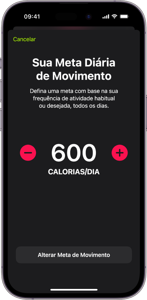 A tela Meta de Movimento Diário mostrando uma meta de movimento e botões para aumentar ou diminuir a meta.