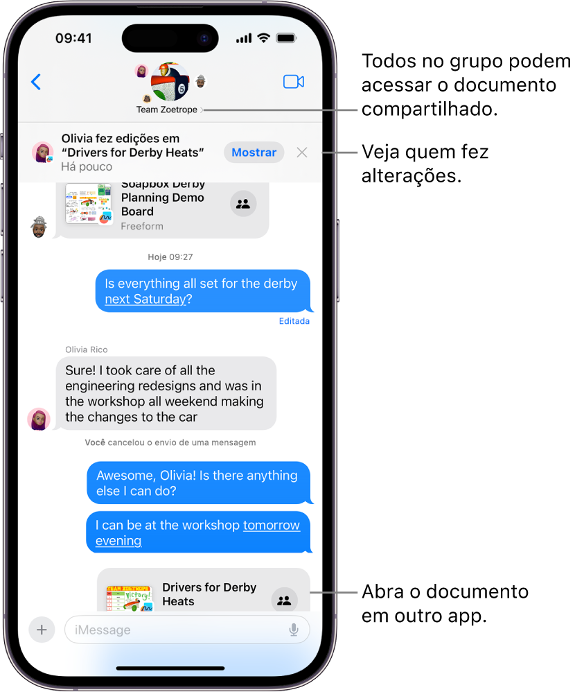 Uma conversa em grupo no app Mensagens, incluindo um convite de colaboração e atualizações na parte superior da janela da conversa.
