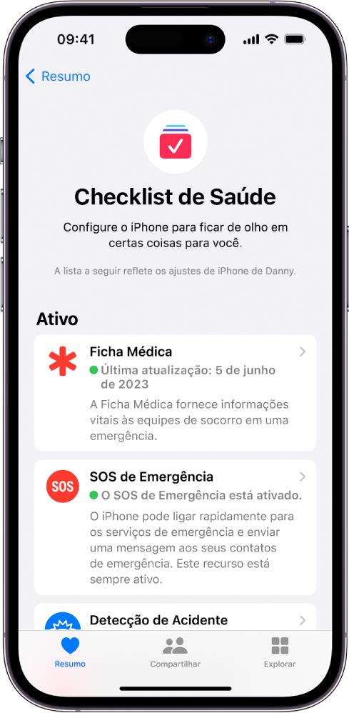 A tela da Checklist de Saúde mostrando que as opções Ficha Médica, SOS de Emergência e Notificações de Detecção de Acidente estão ativadas.