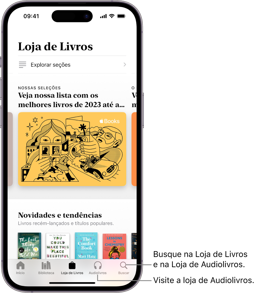 A tela da Loja de Livros no app Livros. Na parte inferior da tela, da esquerda para a direita, as abas Início, Biblioteca, Loja de Livros, Audiolivros e Buscar. A aba Loja de Livros está selecionada.