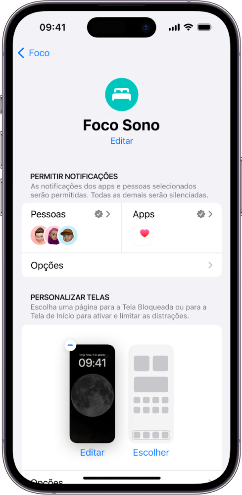 Tela do Foco Sono mostrando três pessoas e um app que têm permissão para enviar notificações.