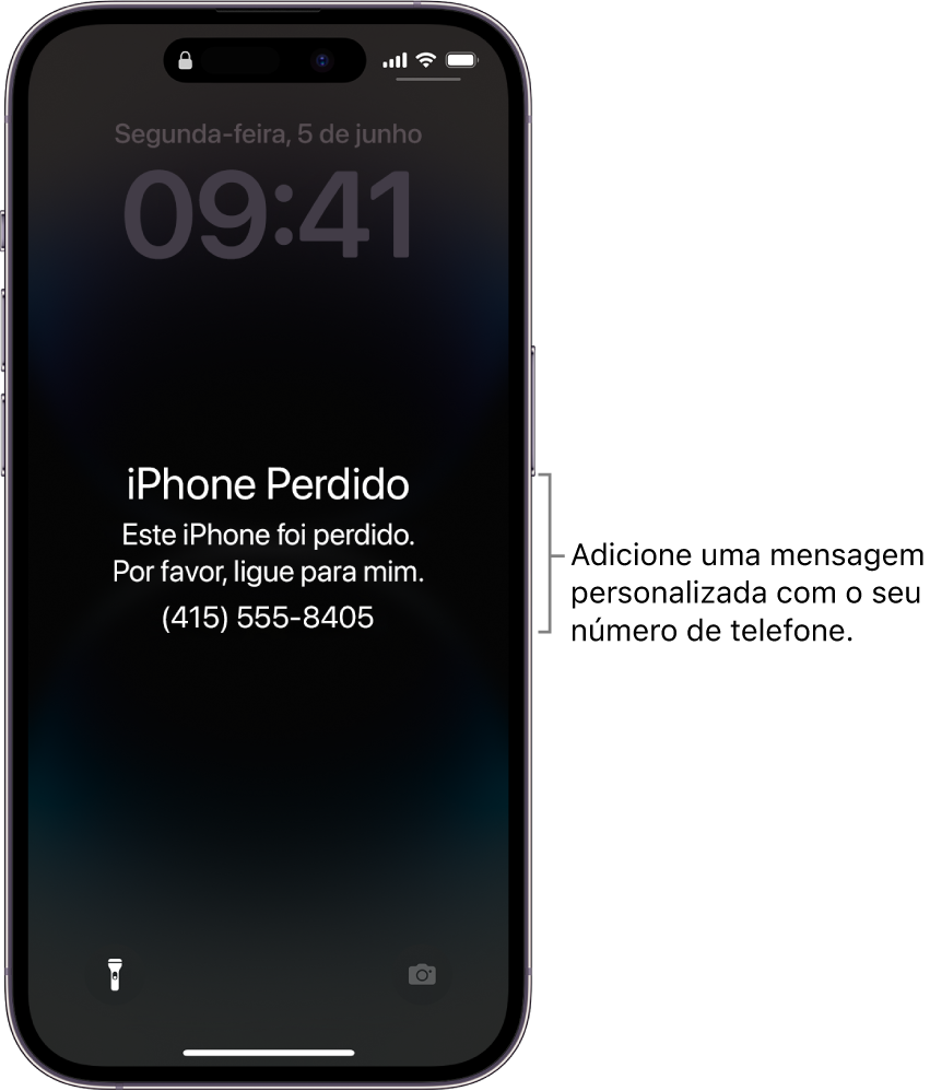 Uma Tela Bloqueada do iPhone com uma mensagem de iPhone perdido. Você pode adicionar uma mensagem personalizada com o seu número de telefone.