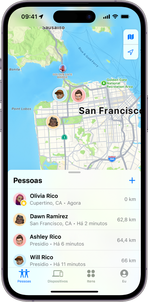 Tela do app Buscar mostrando a lista Pessoas e suas localizações em uma mapa.