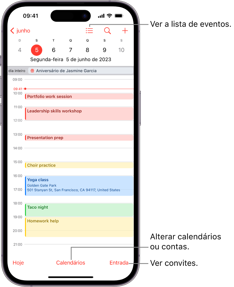 Um calendário na visualização Diária mostrando os eventos do dia. O botão Calendários está na parte inferior central da tela, e o botão Caixa de Entrada está abaixo à direita.