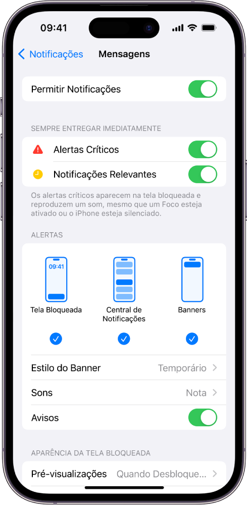 iPhone com os ajustes de notificações e alertas do app Mensagens.