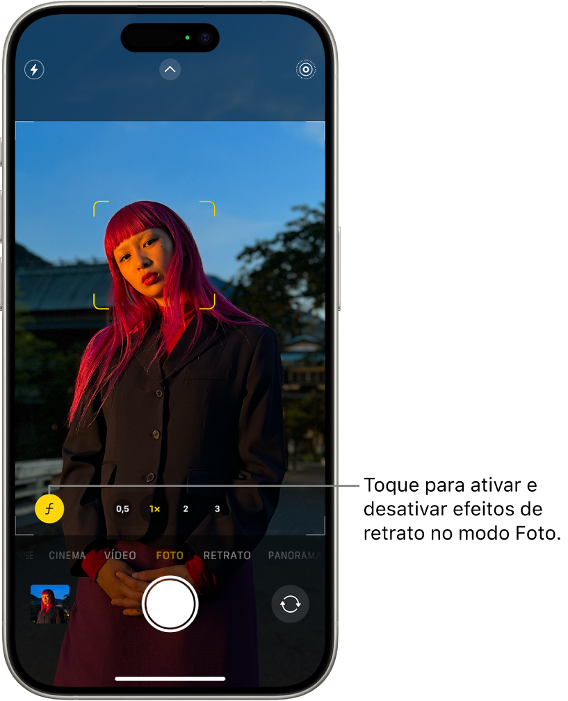 Tela do app Câmera no modo Foto; no visor, o tema está nítido e o fundo está desfocado. No canto inferior esquerdo do visor, o botão Profundidade está selecionado para aplicar o efeito de retrato.