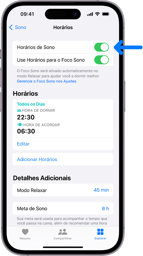 A tela Horários no app Saúde com a opção Horários de Sono ativada na parte superior.