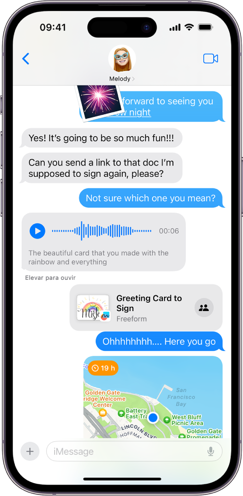 Conversa no app Mensagens mostrando recursos do iMessage.