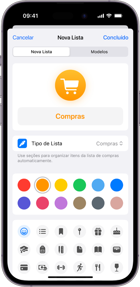 Tela de criação de uma nova lista no app Lembretes. Você pode personalizar o nome, tipo de lista, cor e ícone.