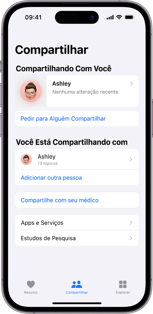 Tela Compartilhamento do app Saúde.