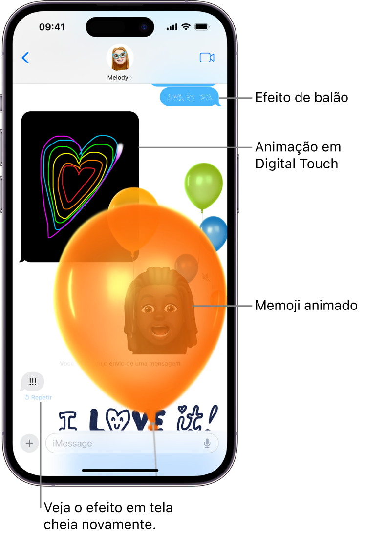 Conversa no app Mensagens com efeitos de balão e tela cheia, além de animações: Digital Touch e uma mensagem manuscrita.
