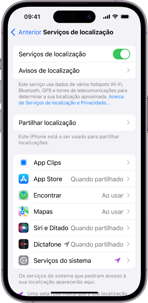O ecrã “Serviços de localização”, com definições para a partilha da localização do iPhone, incluindo definições personalizadas para aplicações individuais.