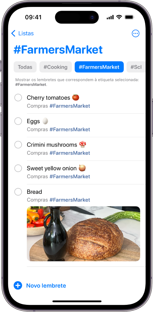 Uma lista de elementos com a etiqueta “MercadoAgricultores”. Os botões na parte superior mostram as etiquetas adicionais que pode aplicar.