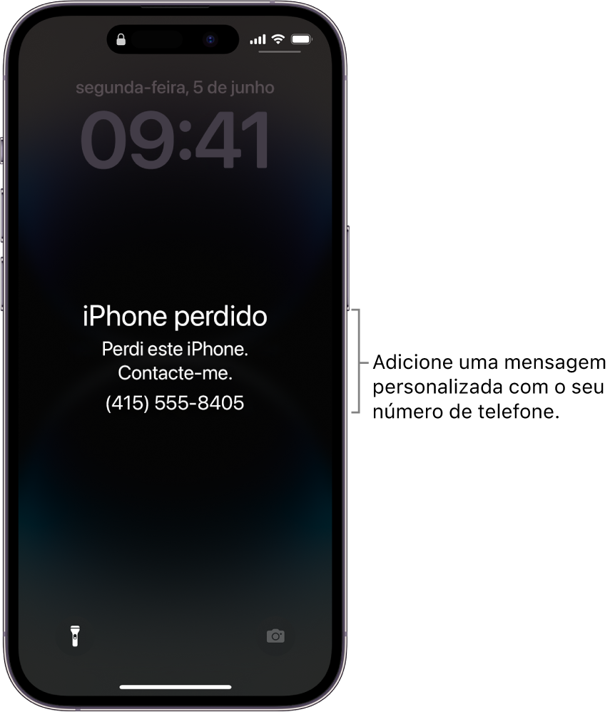 Um ecrã bloqueado com uma mensagem de iPhone perdido. Pode adicionar uma mensagem personalizada com o seu número de telefone.