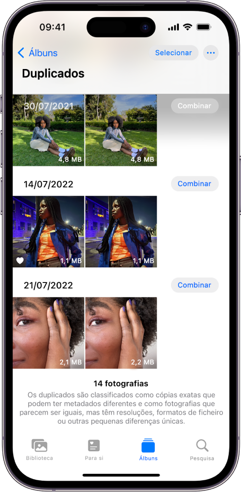 O ecrã “Duplicados” com fotografias duplicadas umas ao lado das outras. No lado direito do ecrã, encontram-se os botões “Combinar” para combinar cada par de fotografias duplicadas.