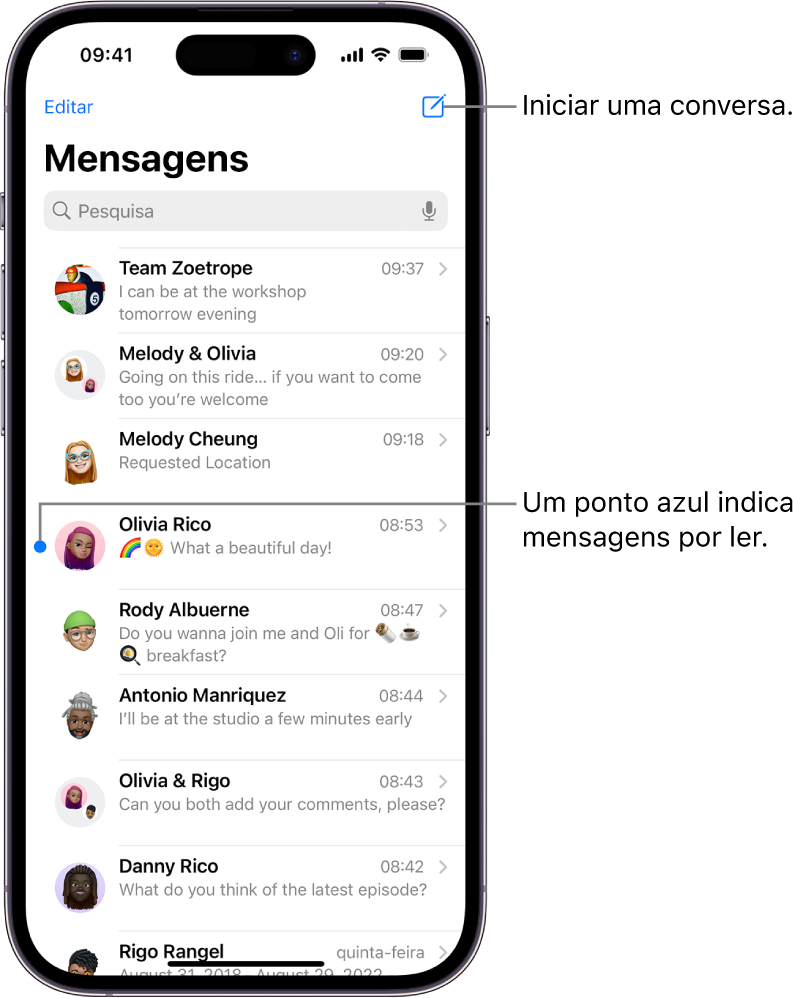 A lista de conversas da aplicação Mensagens, com o botão “Compor” na parte superior direita. Um ponto azul à esquerda de uma mensagem indica que esta não foi ainda lida.