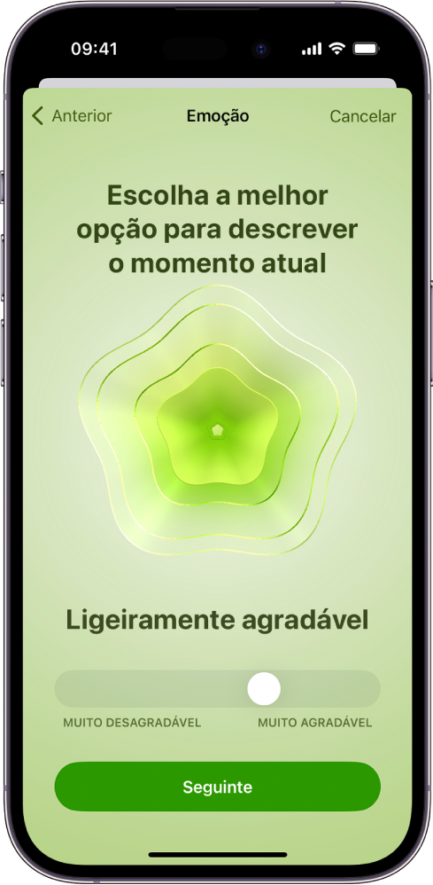 Um ecrã da aplicação Saúde a identificar o estado de espírito atual como Ligeiramente agradável. Na parte inferior do ecrã está um nivelador para ajustar o nível da emoção.
