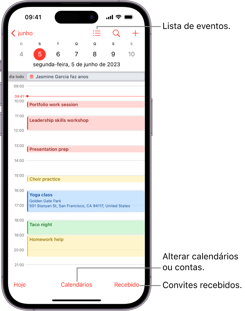 A vista por dia de um calendário, com os eventos marcados para esse dia. O botão Calendários encontra-se em baixo ao centro do ecrã e o botão Recebido encontra-se em baixo à direita.
