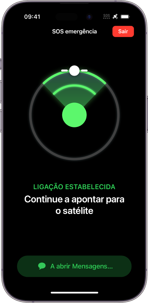 O ecrã SOS emergência a mostrar que o telefone está ligado e a instruir o utilizador para continue a apontar para o satélite. O botão A abrir Mensagens encontra-se na parte inferior do ecrã.